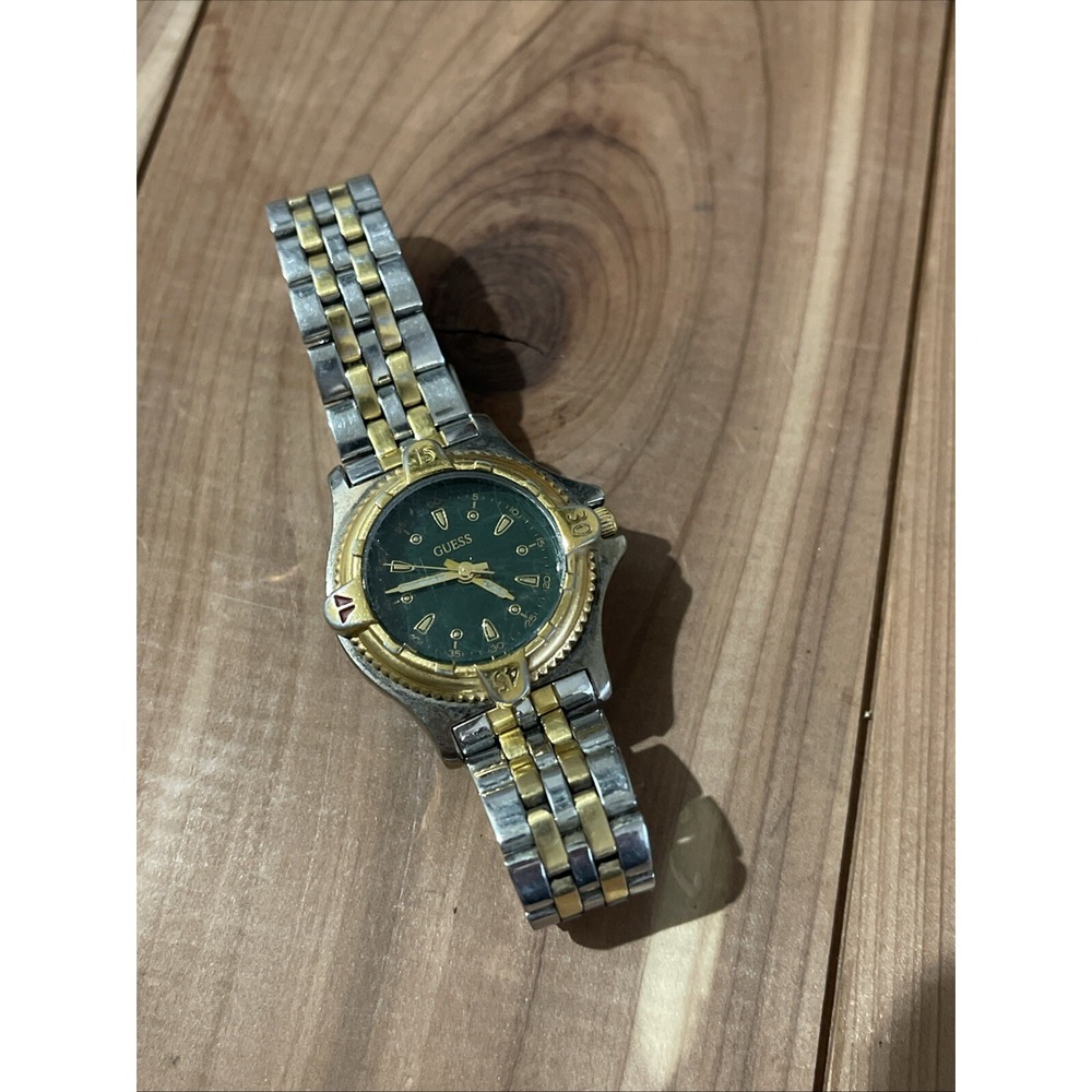 Vintage Guess Womens Gold Silver Tone Green Face Watch Needs Battery